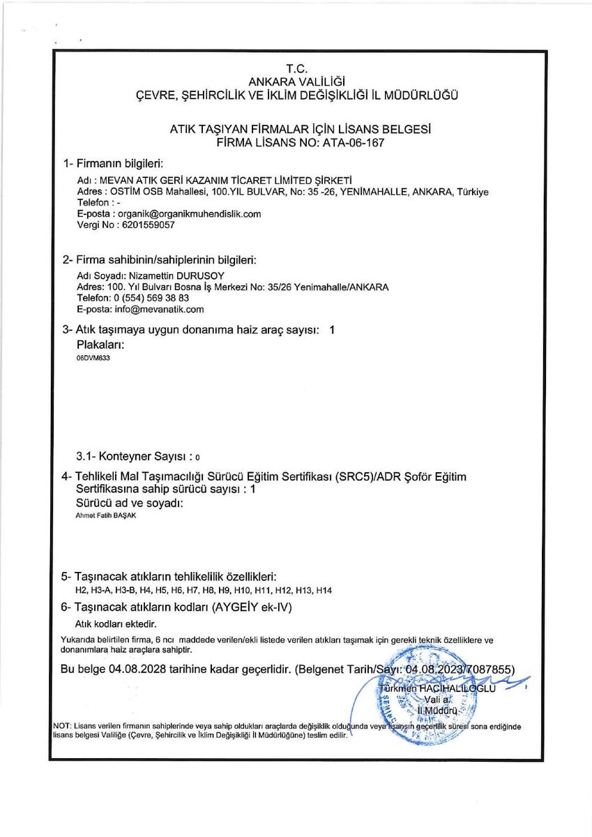 Atık Taşıma Firması Lisans Belgesi önizlemesi